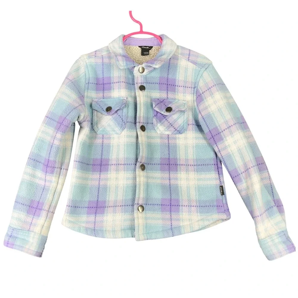 Eddie Bauer Girls Plaid Fleece Shacket‎ Sherpa Lined Blue Purple 6/6X Shirt